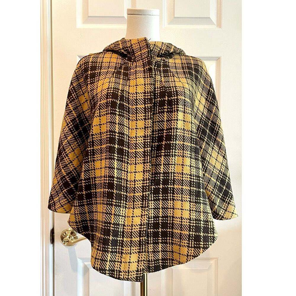 Yello & Brown Plaid Hooded Poncho Jacket with Wide Open Sleeves M/L